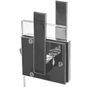 Sliding door lock with 50 mm backset for 1/4 inch up to 1/2 inch thick glass. With Strike Box
