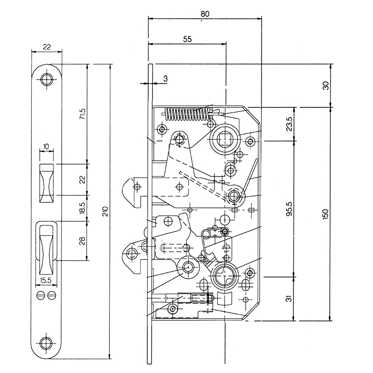 Sliding Mortise Lock. 55 mm Backset. With Two Hook Bolts. Heavy Duty. Polished Stainless Steel. - Image 3