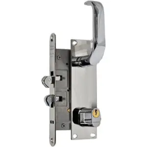 - Sliding Mortise Lock SET. 55 mm Backset. With Two Hook Bolts. Heavy Duty. Polished Stainless Steel and Polished Chrome
