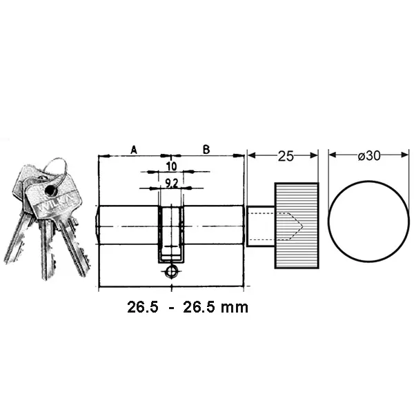 Profile cylinder Key Way 26.5/26.5 mm key/knob. Polished Chrome. Max door thickness- 1 1/2 inch - Image 2