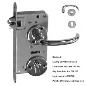 Entry Mortise Lock SET 55 mm backset with Roses. Polished Stainless Steel & Polished Chrome