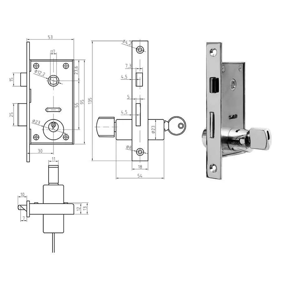 Door Lock 30 mm Backset with Cylinder Key -Thumb-turn Function. SET - Image 3