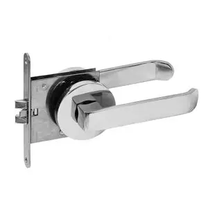 Door Lock 50 mm backset. Passage function. Set for thin doors of less then 1 inch or 25 mm with stainless steel semi flush levers with spring loaded roses