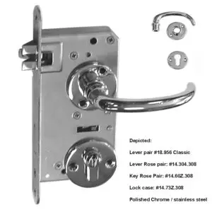 ~ Entry Mortise Lock SET 55 mm backset with Roses with screw holes showing. Polished Stainless Steel and Polished Chrome