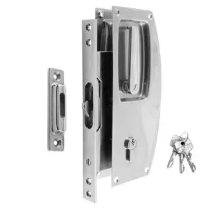 ~ Pocket Sliding Door Lock with Strike plate. For 1 1/2 inch thick doors. Stainless Steel and Brass