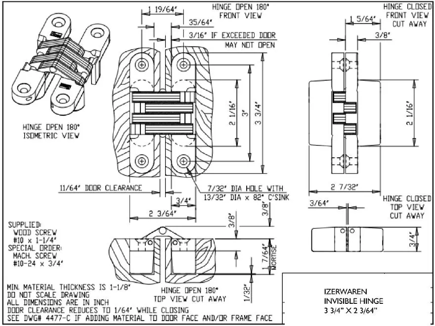 316 Stainless Invisible Hinge. Size 3 3/4 x 2 3/64 inch. Minimum door thickness 1-1/8 inch - Image 2