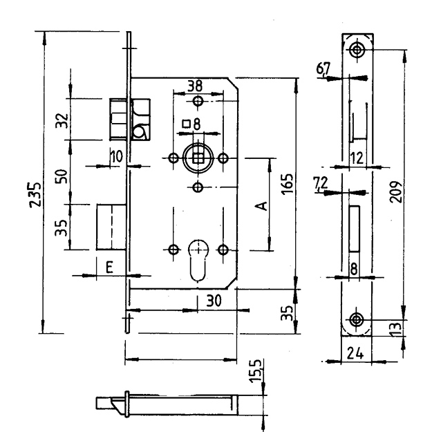 Wilka Entry Mortise Lock 60 mm backset. Satin Stainless Steel Face Plate. Steel Parts. - Image 2