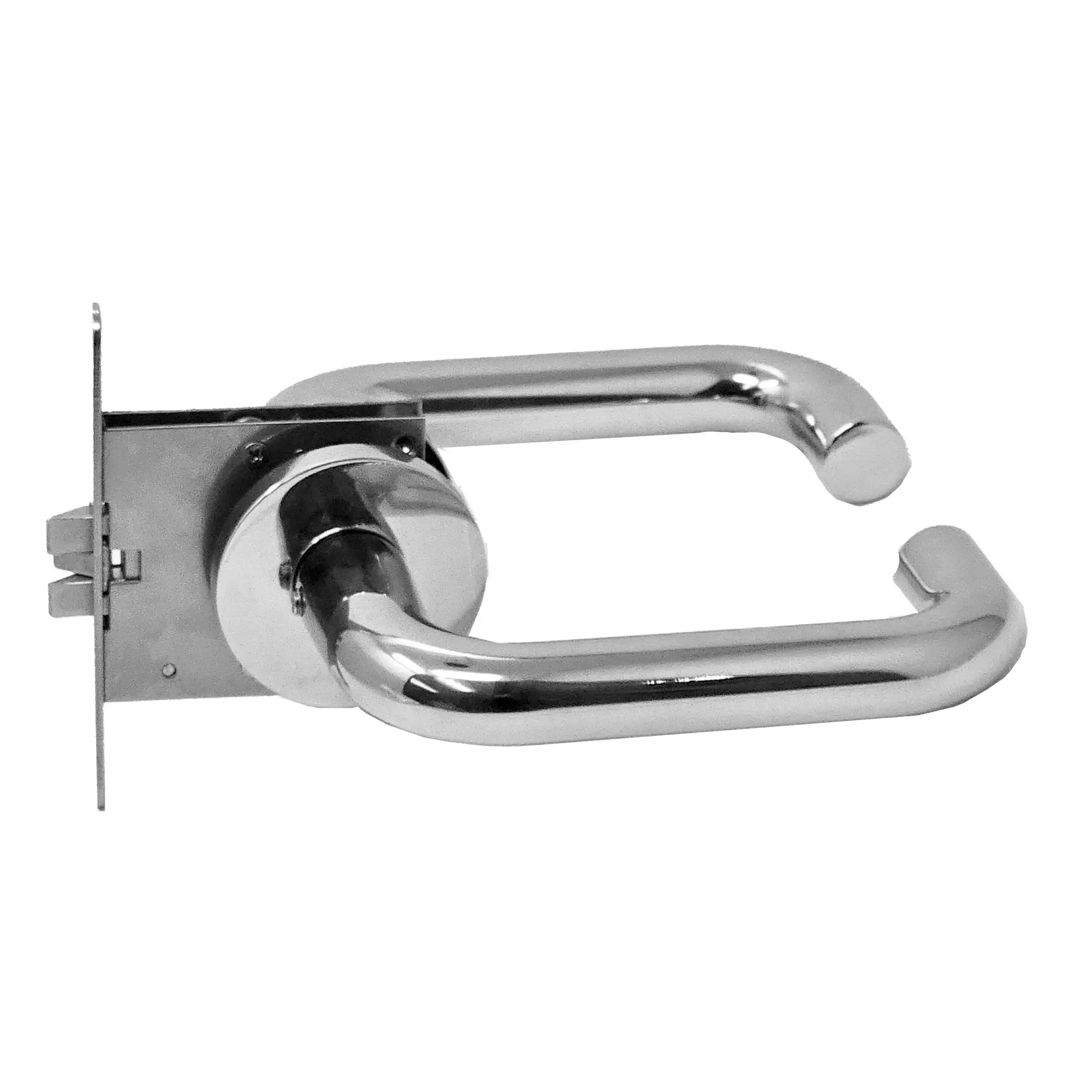 Door Lock 50 mm backset. Passage function. Set for thin doors of less then 1 inch or 25 mm with stainless steel levers with spring loaded roses