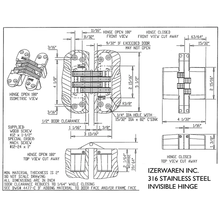 316 Stainless invisible Hinge. Size - 5 1/2 x 3 53/64 inch Minimum door thickness 2 inch - Image 3