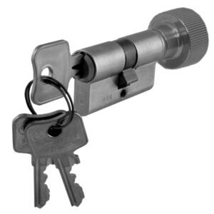 Profile cylinder keyway 26.5/26.5 mm key/knob. Max Door thickness - 1 1/2 inch.