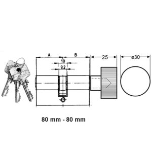 Profile cylinder 80/80mm key/knob. for max. door thickness 3 3/4 inch