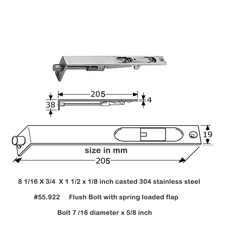 Flush Bolt 8 1/16 x 3/4 x 1 1/2 x 1/8 inch casted 304 Stainless Steel . - Image 2