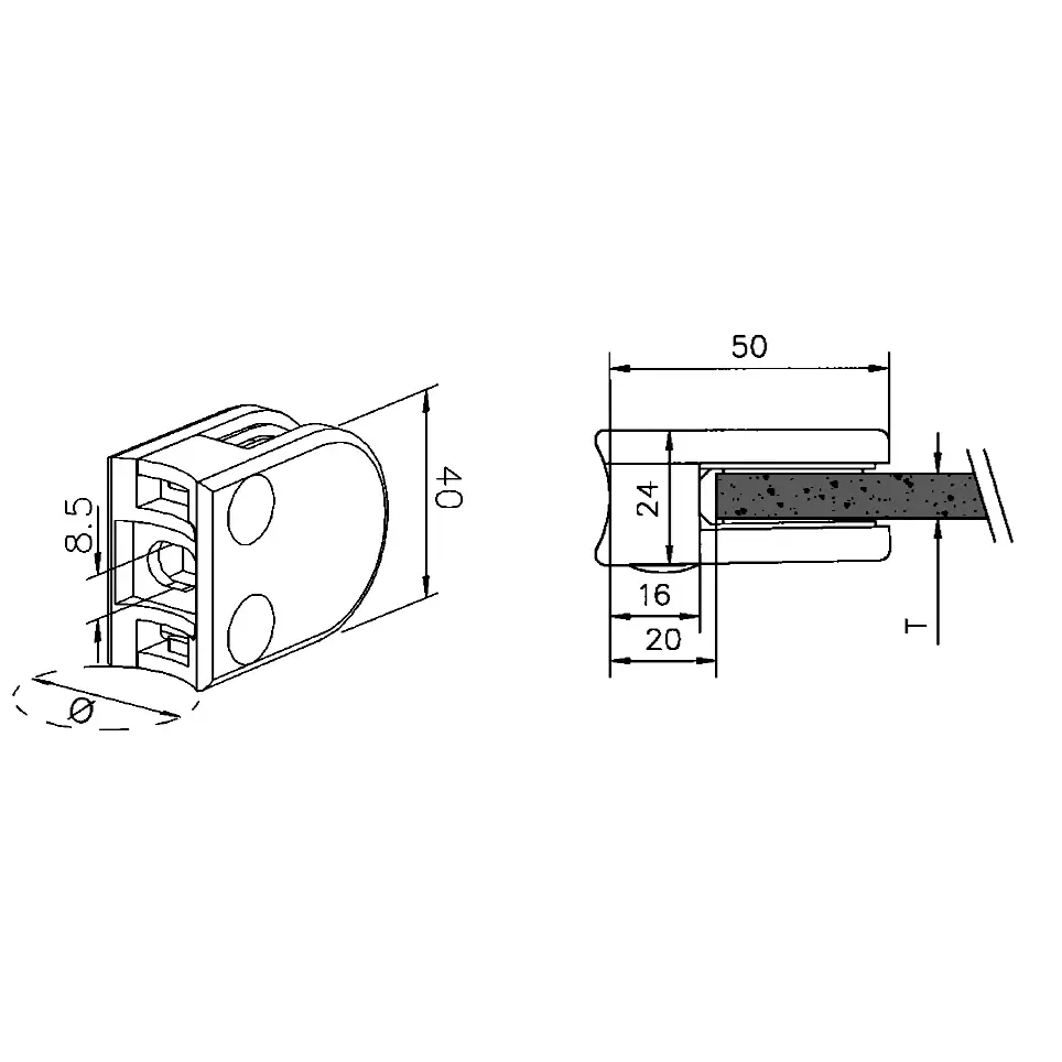 - Tube Mounted Glass Clamping Bracket 50 x 40 mm for 8-10 mm glass. For 42.4 mm diameter tubing (1.67 inch diameter) - Image 2
